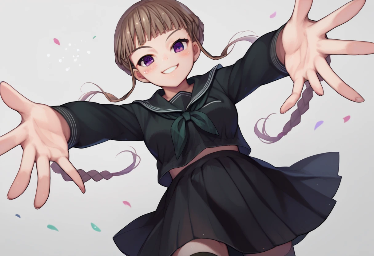 score_9, score_8_up, score_7_up, source_anime,  1girl, Manaka Nemu, braided hair, brown hair, violet eyes, black serafuku, green necktie, black thighhighs, black skirt, white stripes, outstretched arms, reaching towards viewer, smile, innocent, sweet smile, blush