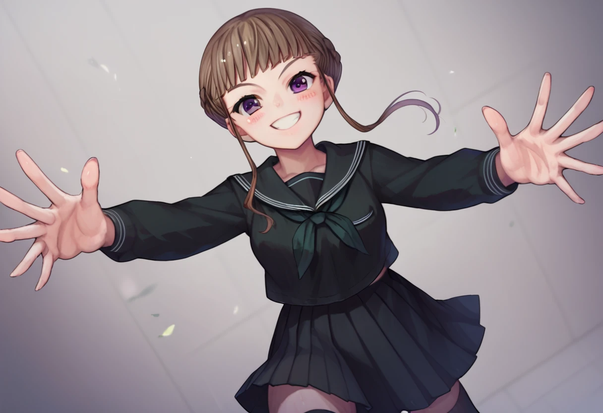 score_9, score_8_up, score_7_up, source_anime,  1girl, Manaka Nemu, braided hair, brown hair, violet eyes, black serafuku, green necktie, black thighhighs, black skirt, white stripes, outstretched arms, reaching towards viewer, smile, innocent, sweet smile, blush