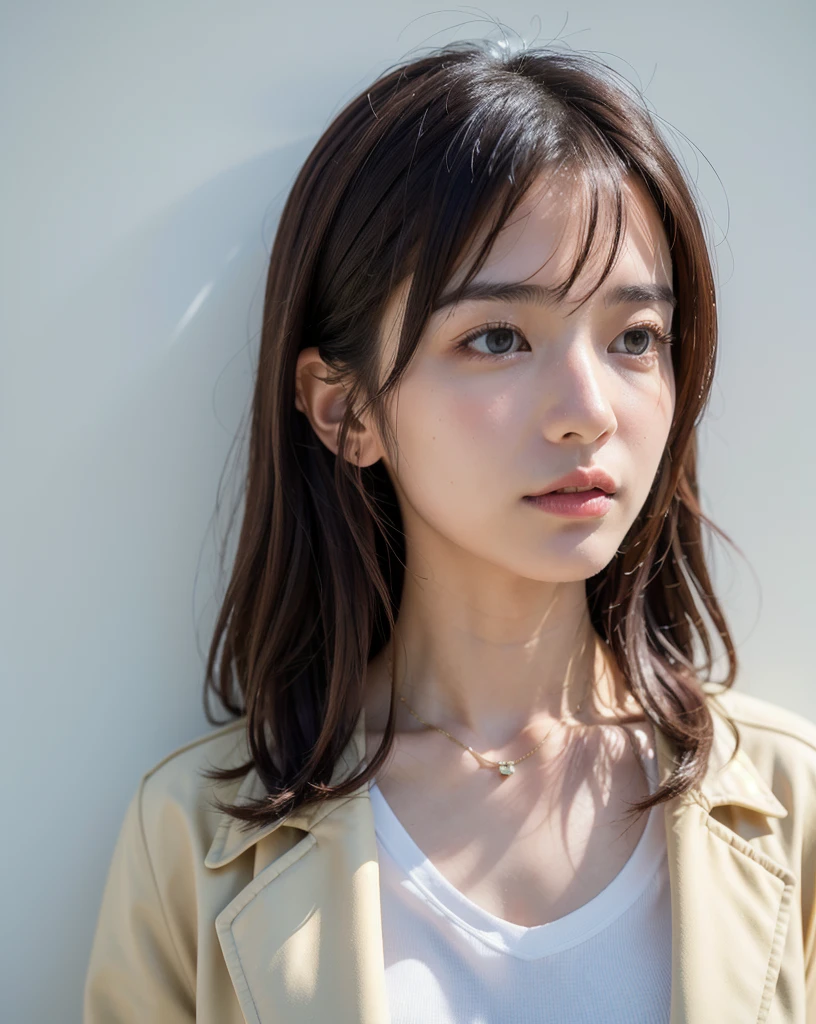 (Highly realistic photos, High resolution, Detailed face, Fine grain), ((Photographed in front of a white wall))、Japanese women, 20-year-old, A variety of expressions, alone:1, Slim figure, Various hairstyles, Casual clothing, 写真の中でalone、Selfie、Photographed in natural light、Simple Necklace、Spring Clothes、Looking at the camera、profile、Dark brown hair color　Wearing a white coat