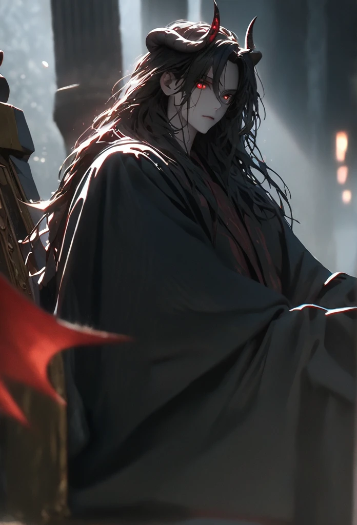 (solo), black hair, messy hair, mane hair, long hair, dense hair, wild hair, expressive hair, mature,(25 year old), pale skin, red eyes, ((man)), wearing a black robe, black demon horns,, red wings, serious, handsome, attractive, eye reflection, depth of field, thunder aura,cinematic lighting, ray tracing, depth of field, cinematic lighting, ray tracing, UHD, high details, best quality, highres, high quality, award winning, super detail, masterpiece, 8k, UHD, high details, best quality, highres, high quality, award winning, super detail, masterpiece, 8k, digital art, anime coloring, full body, body shot, good face, perfect face, detailed face, good eyes, sitting on a throne, in a throne room.