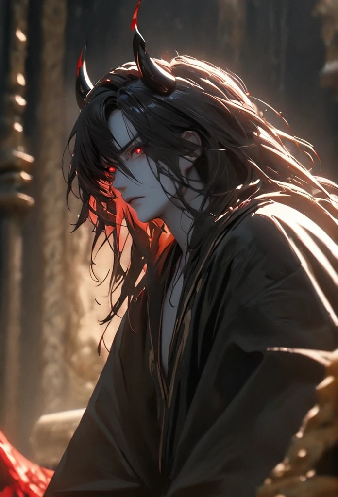 (solo), black hair, messy hair, mane hair, long hair, dense hair, wild hair, expressive hair, mature,(25 year old), pale skin, red eyes, ((man)), wearing a black robe, black demon horns,, red wings, serious, handsome, attractive, eye reflection, depth of field, thunder aura,cinematic lighting, ray tracing, depth of field, cinematic lighting, ray tracing, UHD, high details, best quality, highres, high quality, award winning, super detail, masterpiece, 8k, UHD, high details, best quality, highres, high quality, award winning, super detail, masterpiece, 8k, digital art, anime coloring, full body, body shot, good face, perfect face, detailed face, good eyes, sitting on a throne, in a throne room.