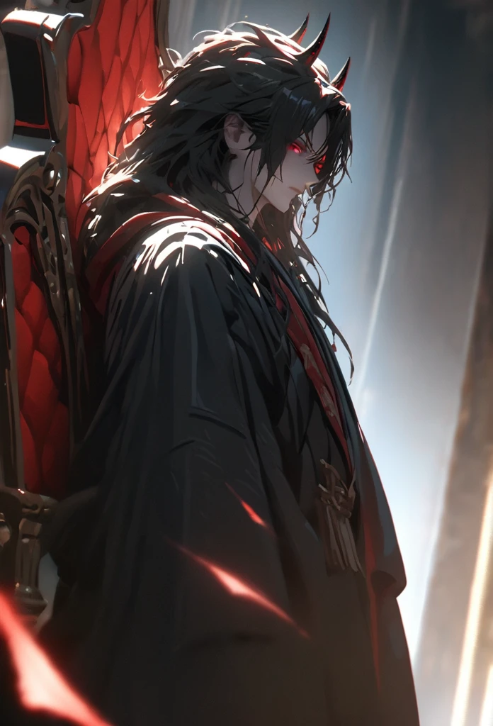 (solo), black hair, messy hair, mane hair, long hair, dense hair, wild hair, expressive hair, mature,(25 year old), pale skin, red eyes, ((man)), wearing a black robe, black demon horns,, red wings, serious, handsome, attractive, eye reflection, depth of field, thunder aura,cinematic lighting, ray tracing, depth of field, cinematic lighting, ray tracing, UHD, high details, best quality, highres, high quality, award winning, super detail, masterpiece, 8k, UHD, high details, best quality, highres, high quality, award winning, super detail, masterpiece, 8k, digital art, anime coloring, full body, body shot, good face, perfect face, detailed face, good eyes, sitting on a throne, in a throne room.
