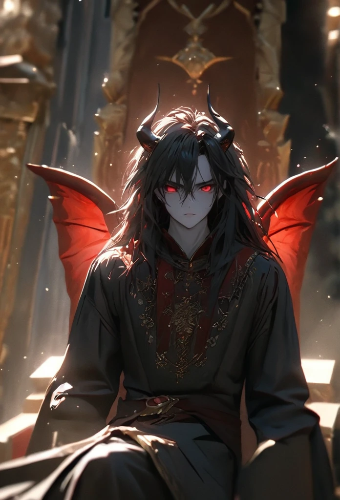 (solo), black hair, messy hair, mane hair, long hair, dense hair, wild hair, expressive hair, mature,(25 year old), pale skin, red eyes, ((man)), wearing a black robe, black demon horns,, red wings, serious, handsome, attractive, eye reflection, depth of field, thunder aura,cinematic lighting, ray tracing, depth of field, cinematic lighting, ray tracing, UHD, high details, best quality, highres, high quality, award winning, super detail, masterpiece, 8k, UHD, high details, best quality, highres, high quality, award winning, super detail, masterpiece, 8k, digital art, anime coloring, full body, body shot, good face, perfect face, detailed face, good eyes, sitting on a throne, in a throne room.