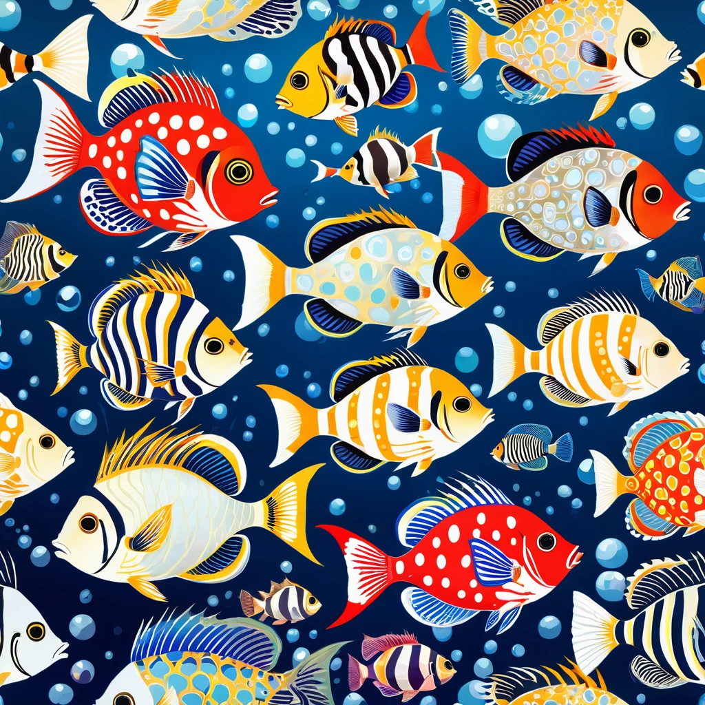 Tropical fish, puffer fish, angel fish,emperor fish, clown fish, porcupine fish, harlequin fish, trigger fish, whales, stylized folk art style, lowbrow art. warm and cold colors skillfully dosed to recreate an evocative atmosphere. Seascape background, surreal aquarium.
