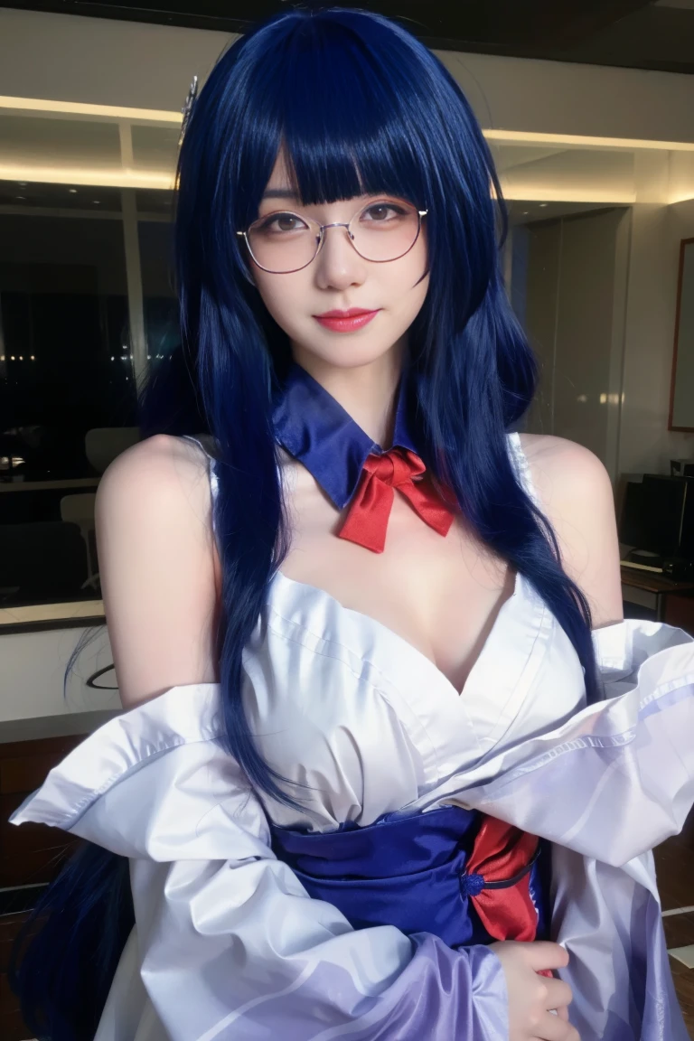 best quality, tmasterpiece,Ultra-high resolution,Clear face,（Reality：1.4），ferpect lighting，(upper body photo), (photorealistic:1.50), anime wallpaper, Guviz style artwork, cover-up fantasy up to magic , by Yang J, Guviz, beautiful artwork illustration, beautiful digital artwork, beautiful digital illustration, Li Song, beautiful anime portrait, art style in Beauvot, 1girl, 独奏, (medium Breasts: 1.2), Smile, Home, long hair, Ponytail hair, purple hair, (Glasses), bangs, White dress, Bare shoulders, (standing), upper body, smile, Inside the house, Glass, 