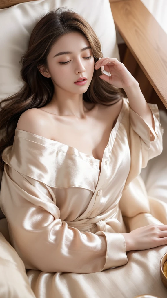 (1 girl:1.3), cinematic light,  (table top, best qualityの, best quality,  beautiful and aesthetic:1.3), very detailed,best details,(very detailed),, 
from above,(( lie in bed and close your eyes, dehisce)), 
alone, put your hand on your heart, soft long hair, (brown hair),  ((off-shoulder silk shirt)), open chest