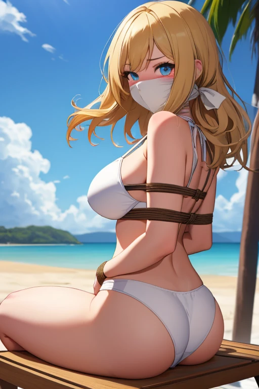 1 girl, detailed blue eyes, lange wimpern, detailed beautiful face, 4k quality, a Bit curly hair, (Long blonde hair:1.4), (arms behind back:1.6), gefesselte Arme, Red rope, (blushing:1.3), (Big breasts:1.6), (white Bikini, höschen mit seiten schnürung, 18 jears old:1.6), OTN, Gag, gagged, shibari, bondage, nah aufnahmen, Front view, on a beach, looking at the viewer, sitting in a beach chair