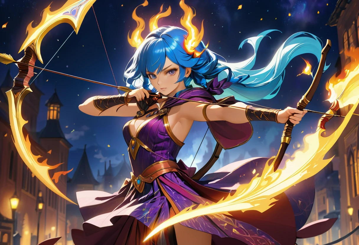 a picture of fire sorceress firing a flaming arrow from a magnificent epic bow, an (elite glamour beautiful: 1.2), fire sorceress, ultra detailed face,  perfect face, blue hair, long hair, wavy hair, wearing wild glamour dress, intricate dress, purple dress , with fire patterns on it, aiming an epic bow with a flaming arrow,  dynamic bow, sting drawn to the cheek , arrow ready to be shot, dynamic bow, sting drawn to the cheek , arrow ready to be shot, it is night, moon light, starry night, cloudy night,  high details, best quality, 16k, [ultra detailed], masterpiece, best quality, (extremely detailed), dynamic angle, full body shot, fantasy urban street at night bacground, Aiming a Bow, bow (weapon), Aiming a Bow ,faize, ral-lava