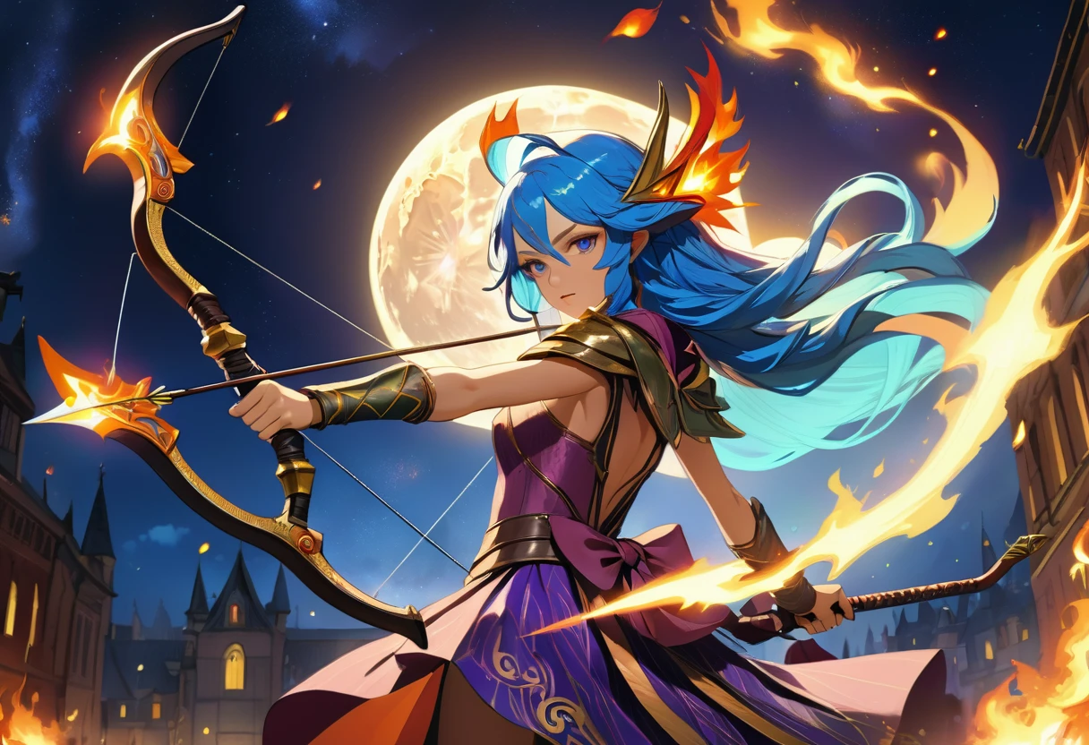 a picture of fire sorceress firing a flaming arrow from a magnificent epic bow, an (elite glamour beautiful: 1.2), fire sorceress, ultra detailed face,  perfect face, blue hair, long hair, wavy hair, wearing wild glamour dress, intricate dress, purple dress , with fire patterns on it, aiming an epic bow with a flaming arrow,  dynamic bow, sting drawn to the cheek , arrow ready to be shot, dynamic bow, sting drawn to the cheek , arrow ready to be shot, it is night, moon light, starry night, cloudy night,  high details, best quality, 16k, [ultra detailed], masterpiece, best quality, (extremely detailed), dynamic angle, full body shot, fantasy urban street at night bacground, Aiming a Bow, bow (weapon), Aiming a Bow ,faize, ral-lava
