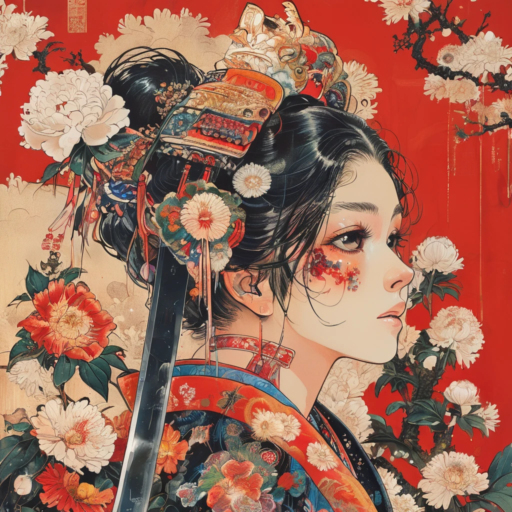 On a bright red campus"YES"Character、 A vibrant and colorful illustration of an anime-style female samurai character with white hair, holding her sword in front of her face. She is wearing traditional Japanese adorned with floral patterns, a backdrop filled with colorful patterns representing ancient symbols and floral motifs. The background is richly detailed with geometric shapes that add depth to their figure's presence., creating a whimsical atmosphere. The background features bold colors and intricate designs that add to the overall visual appeal. This artwork showcases vivid hues, intricate details on both attire and armor, capturing movement as she walks forward in the style of intricate details on both attire and armor, capturing movement as she walks forward.