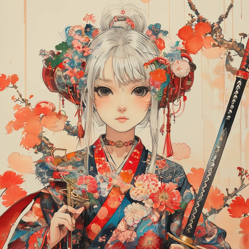 On a bright red campus"YES"Character、 A vibrant and colorful illustration of an anime-style female samurai character with white hair, holding her sword in front of her face. She is wearing traditional Japanese adorned with floral patterns, a backdrop filled with colorful patterns representing ancient symbols and floral motifs. The background is richly detailed with geometric shapes that add depth to their figure's presence., creating a whimsical atmosphere. The background features bold colors and intricate designs that add to the overall visual appeal. This artwork showcases vivid hues, intricate details on both attire and armor, capturing movement as she walks forward in the style of intricate details on both attire and armor, capturing movement as she walks forward.