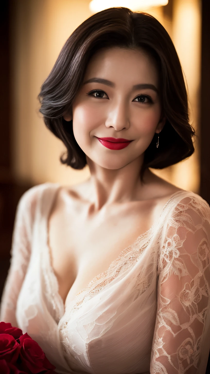 ((highest quality、8K resolution、master masterpiece、professional photography)), Photoreal, (Beautiful at 20 years old:1.3), (wrinkled face:1.2)、(1 female:1.2)、(elegant pink lace clothing:1.1)、wrinkles around the eyes,stand gracefully、(plump and soft body、clavicle)、the most elegant and beautiful hairstyles、Romantic evening、(A sad smile staring at me:1.2)、Beautifully shaped big breasts、soft and beautiful cleavage、perfect makeupアップ,Dark red lipstick,perfect makeup,eye shadow、long eyelashes、luxurious and romantic lighting、very moody and romantic、low contrast、gorgeous portrait photography、(Ultra high definition white skin)、blurred background、Feeling of love