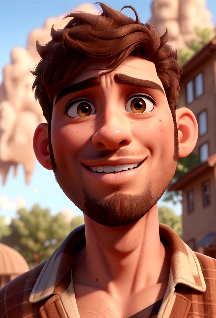 a confident man, short brown hair, rugged, (best quality,4k,8k,highres,masterpiece:1.2),ultra-detailed,(realistic,photorealistic,photo-realistic:1.37),natural lighting, perfect sunny day, [smiling], close-up, looking directly at camera, outdoor, natural background, warm tones, sem nenhuma barba e sem sobrancelhas neutras 