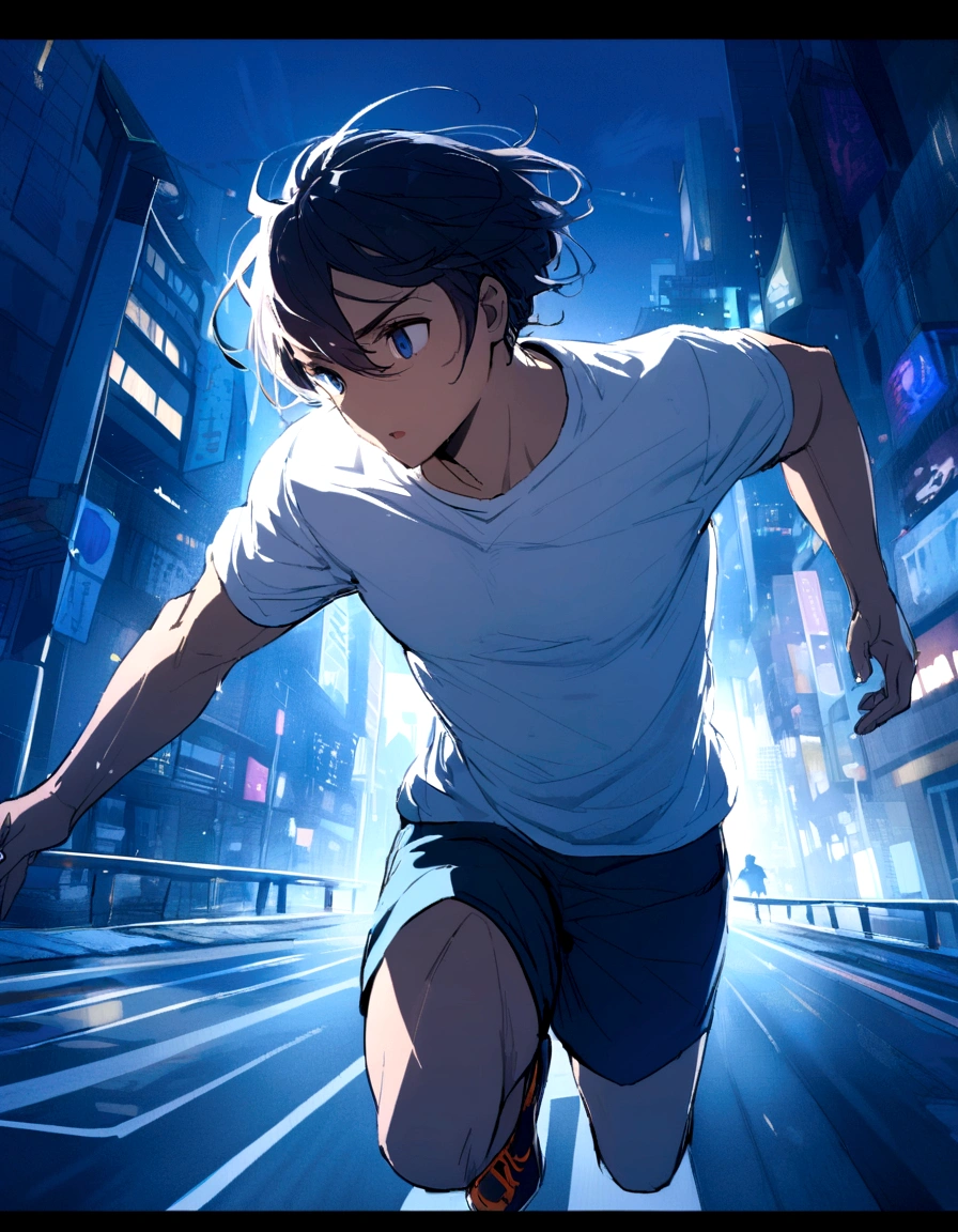 man、Tokyo Octy、Wear a white t-shirt、during running