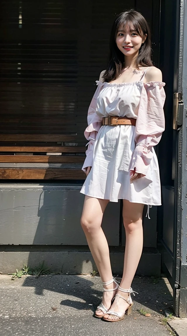 (8K、RAW Photos、Highest quality、masterpiece:1.2)、(Realistic、Photorealistic)、1 Girl、((Camisole dress、I can see your feet、belt、Big Breasts、Viewed from the front、Stand with your feet apart、)、Lots of eyelashes、Add shine to your eyelids、skeletally correct、Sweaty body、Beautifully trimmed fingertips、smile、Stand with hands on hips、In the sky