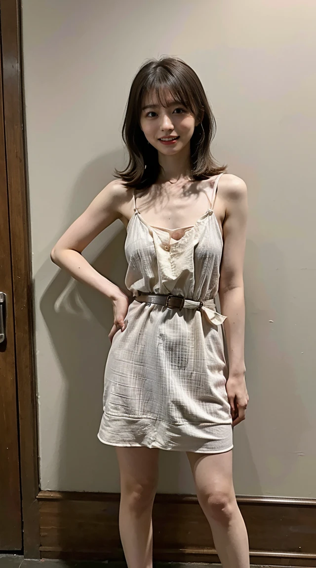 (8K、RAW Photos、Highest quality、masterpiece:1.2)、(Realistic、Photorealistic)、1 Girl、((Camisole dress、I can see your feet、belt、Big Breasts、Viewed from the front、Stand with your feet apart、)、Lots of eyelashes、Add shine to your eyelids、skeletally correct、Sweaty body、Beautifully trimmed fingertips、smile、Stand with hands on hips、In the sky