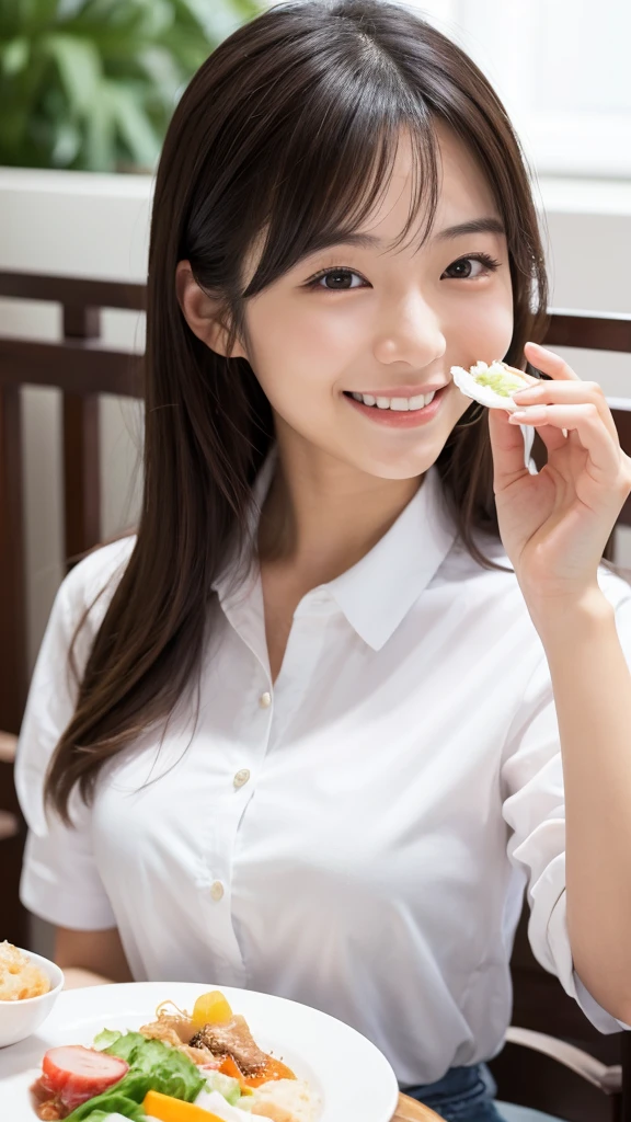 25 years old, Japanese woman, beautiful, smiling, eating lunch, white shirt