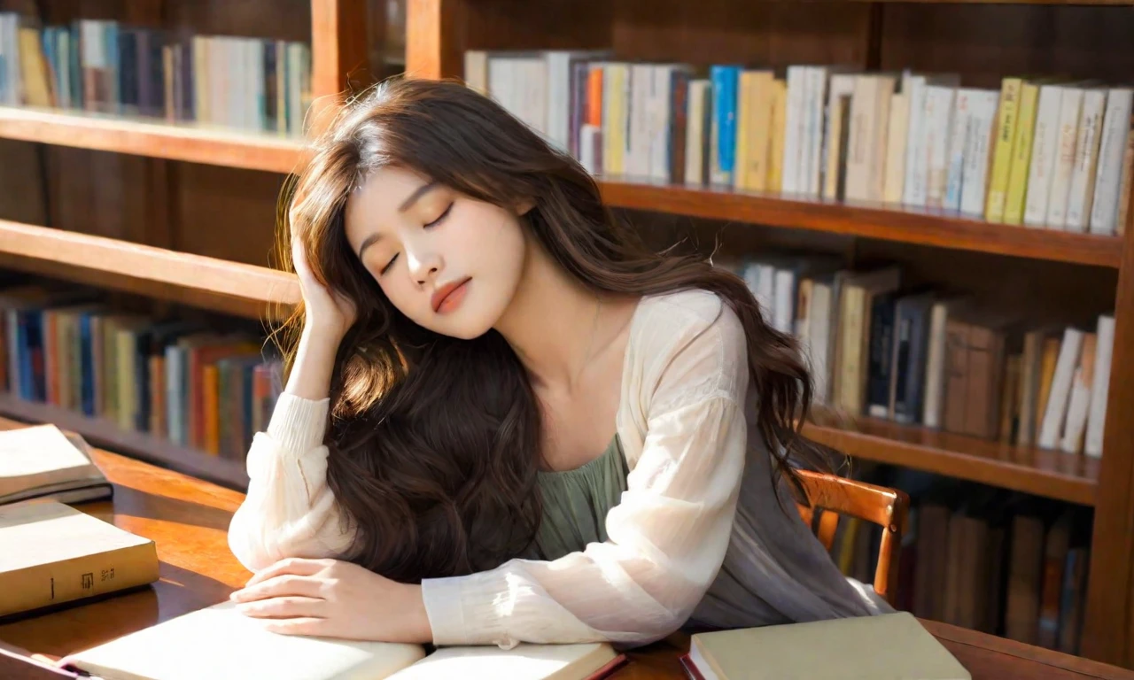 high-quality, realistic, a beautiful asian girl, dozing, cozy library, seating, wooden desk, head resting, folded arms, atop an open book, long, brown, wavy hair cascades over shoulders, peaceful, relaxed face, serene expression, softly closed eyes, light, comfortable sleep. The library is warmly lit, soft, ambient lighting, tranquil, inviting atmosphere. Shelves filled with books line the background, nearby window, gentle stream, natural light. The desk is cluttered with various books, notebooks, and a pair of reading glasses. Her outfit is casual yet stylish, perfectly, masterpiece, best quality, photography 1.5