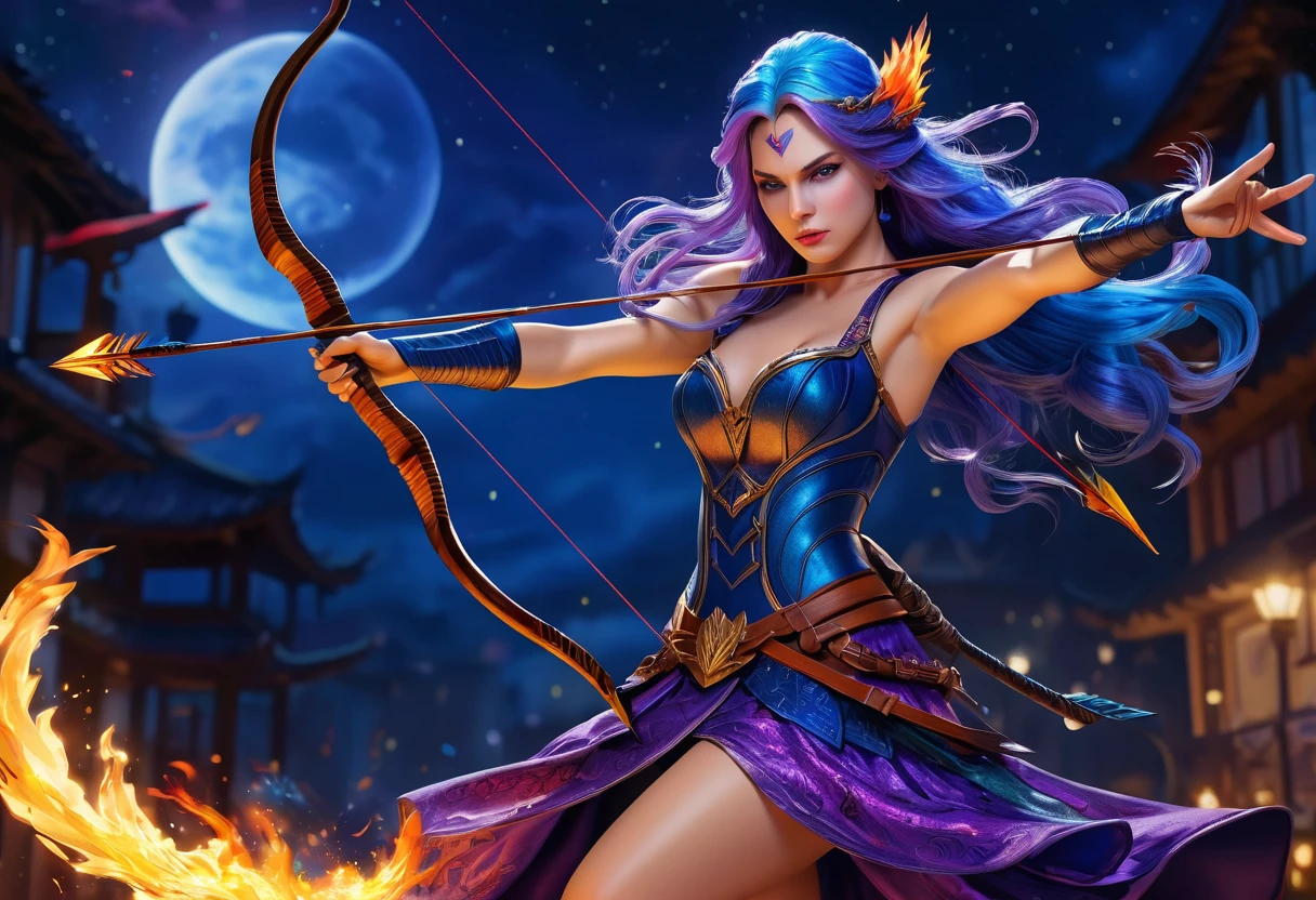 a picture of fire sorceress firing a flaming arrow from a magnificent epic bow, an (elite glamour beautiful: 1.2), fire sorceress, ultra detailed face,  perfect face, blue hair, long hair, wavy hair, wearing wild glamour dress, intricate dress, purple dress , with fire patterns on it, aiming an epic bow with a flaming arrow,  dynamic bow, sting drawn to the cheek , arrow ready to be shot, dynamic bow, sting drawn to the cheek , arrow ready to be shot, it is night, moon light, starry night, cloudy night,  high details, best quality, 16k, [ultra detailed], masterpiece, best quality, (extremely detailed), dynamic angle, full body shot, fantasy urban street at night bacground, Aiming a Bow, bow (weapon), Aiming a Bow ,faize, ral-lava
