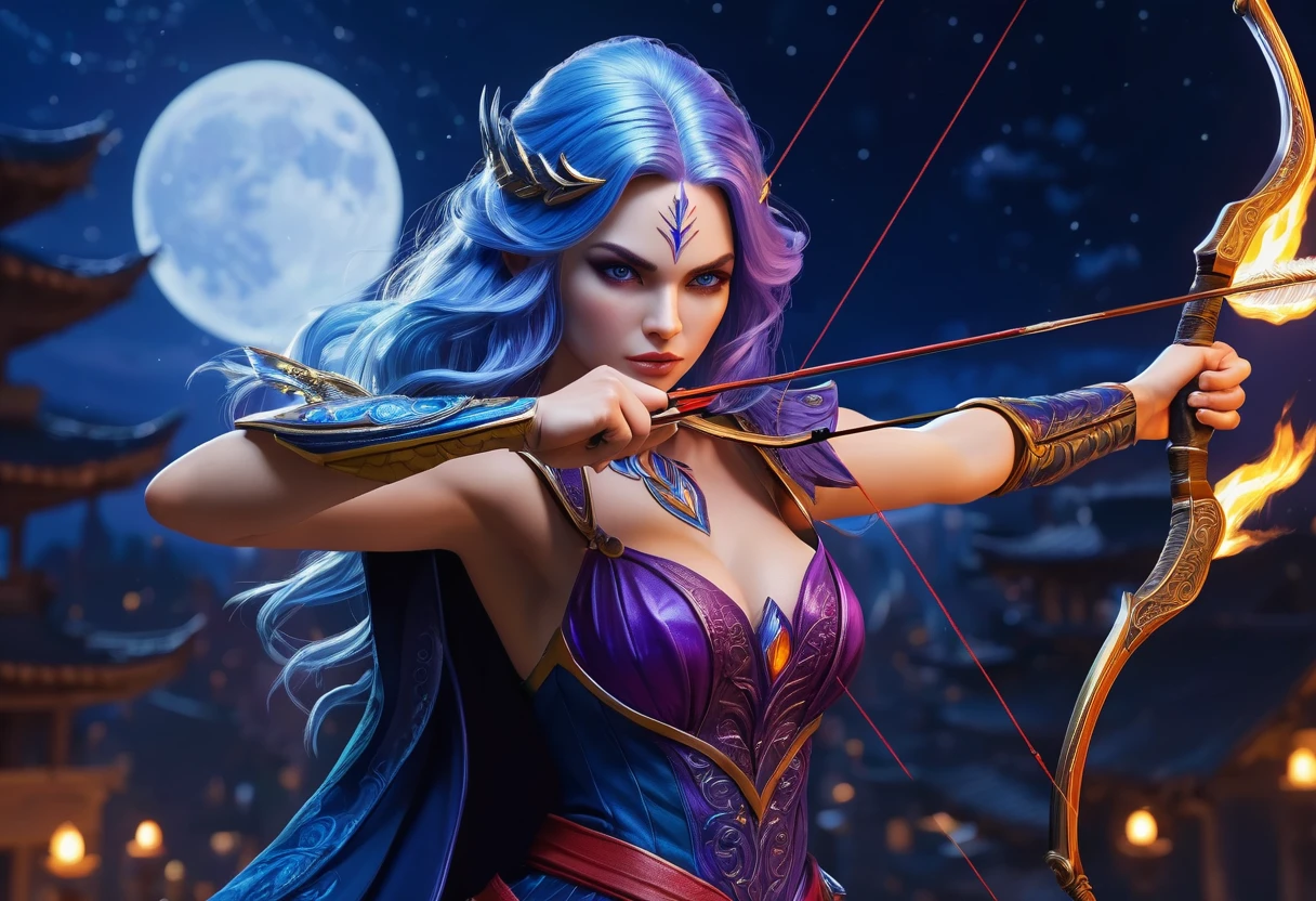 a picture of fire sorceress firing a flaming arrow from a magnificent epic bow, an (elite glamour beautiful: 1.2), fire sorceress, ultra detailed face,  perfect face, blue hair, long hair, wavy hair, wearing wild glamour dress, intricate dress, purple dress , with fire patterns on it, aiming an epic bow with a flaming arrow,  dynamic bow, sting drawn to the cheek , arrow ready to be shot, dynamic bow, sting drawn to the cheek , arrow ready to be shot, it is night, moon light, starry night, cloudy night,  high details, best quality, 16k, [ultra detailed], masterpiece, best quality, (extremely detailed), dynamic angle, full body shot, fantasy urban street at night bacground, Aiming a Bow, bow (weapon), Aiming a Bow ,faize, ral-lava