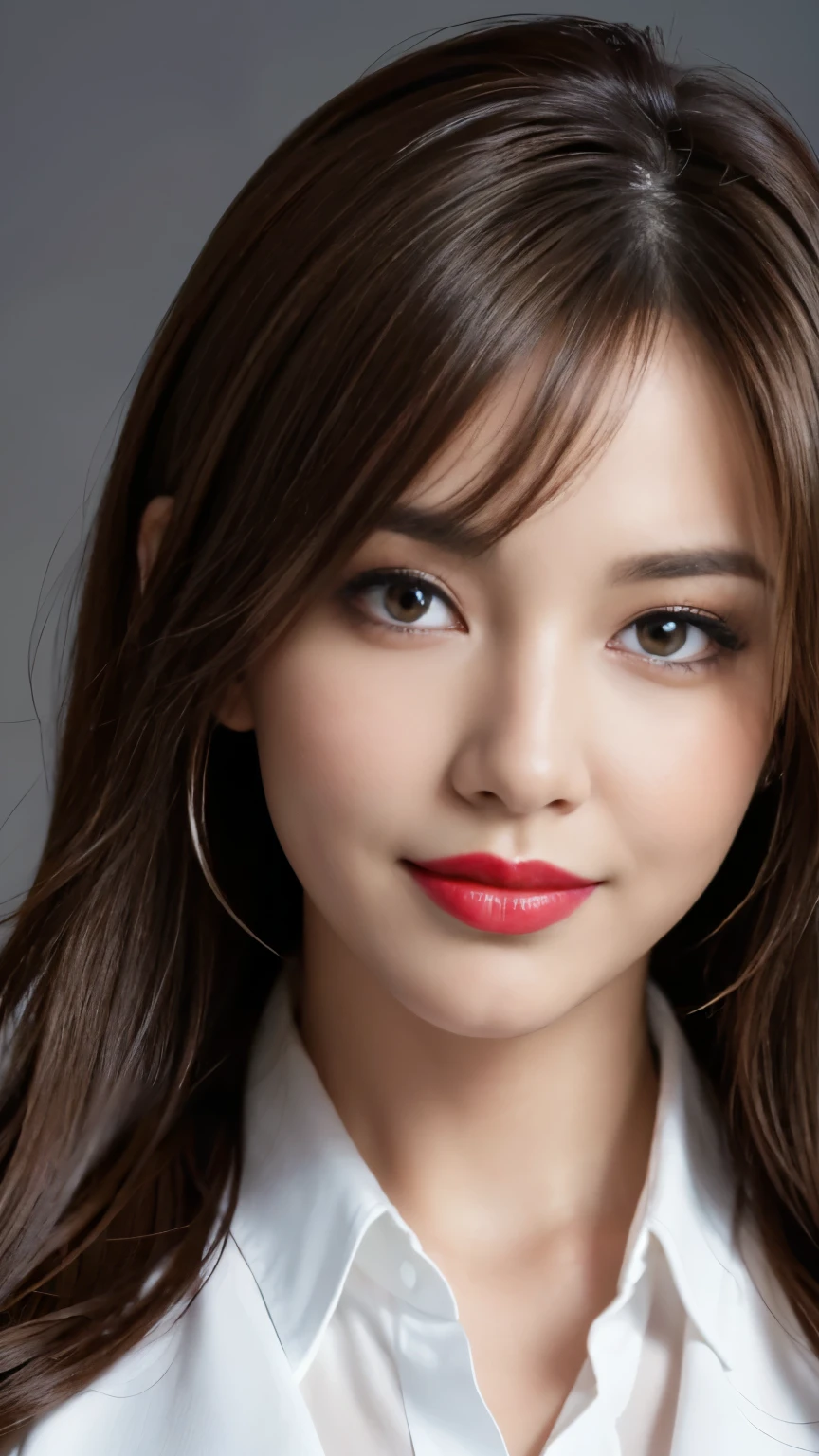 Tabletop, highest quality, Realistic, Very detailed, In detail, High resolution, 8k wallpaper, One beautiful woman,, Light brown messy hair, Wearing a business suit, Sharp focus, Perfect dynamic composition, Beautiful fine details, Fine hair, Detailed and realistic skin texture, smile, Close-up portrait, Model Body Type, red lipstick, sensual Lipstick