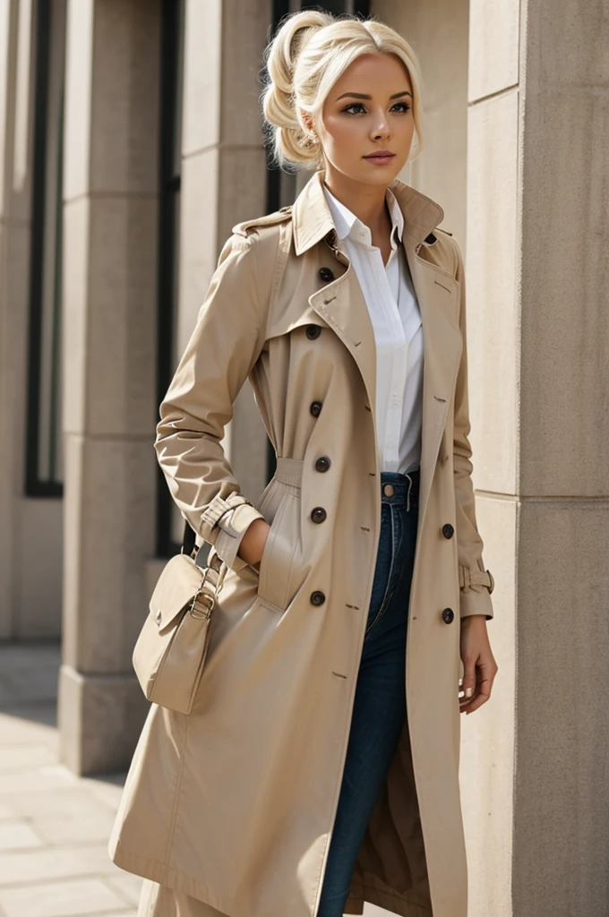 Woman with white blonde hair pinned up in shirt and long beige trench coat 