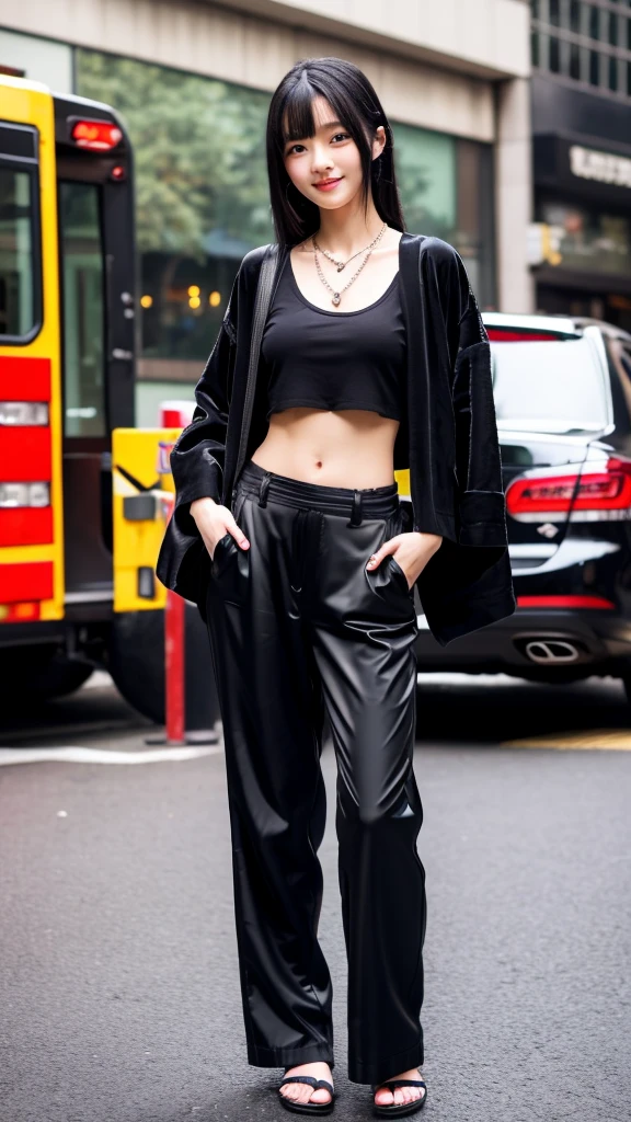 Beautiful Japanese girl wearing a black robe jacket wearing a black shirt and black trousers wearing sandals and a black chopper necklace, showing off her slim stomach, black hair, photo in the city (masterpiece) 8k