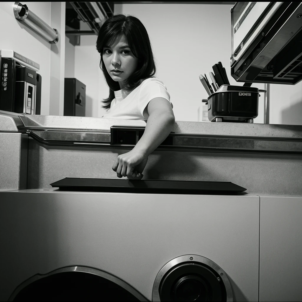 circa 1995 polaroid camera quality, early morning , hourglass-body (big buttcheeks) gorgeous adorable black haired latina girlfriend(high detail face) (long black straight hair) ,standing in laundry room leaning against dryer nude with tall soccer-socks
