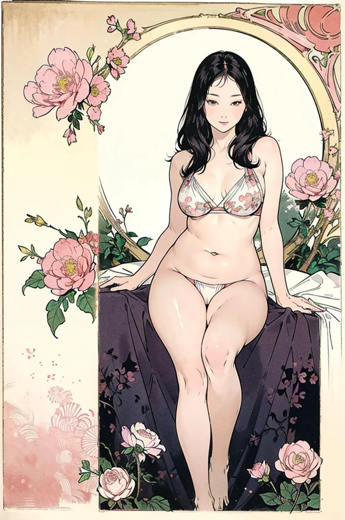 Detailed Background,Art Deco,Beautiful landscape painting,Botanical Art,Flower Art,(Floral:1.2), (masterpiece, Highest quality),Vibrant colors,colorful, Highest quality, Amazing details, Anatomically correct, Line art, Written boundary depth,Flat Shading,Bokeh, woman、s old、Black Hair、 Parting the bangs and sticking out the forehead、whole body、Pink good、Pink Fundoshi、Showing off pussy、 Sit with your legs apart:1.5、Showing pussy、sexy、Passionate、Stretch your legs、(Thighs)、(Large Breasts)、Plump Style、(barefoot)、 Mucha style、Ukiyo-e style、Looking up at the camera、Browsing Caution