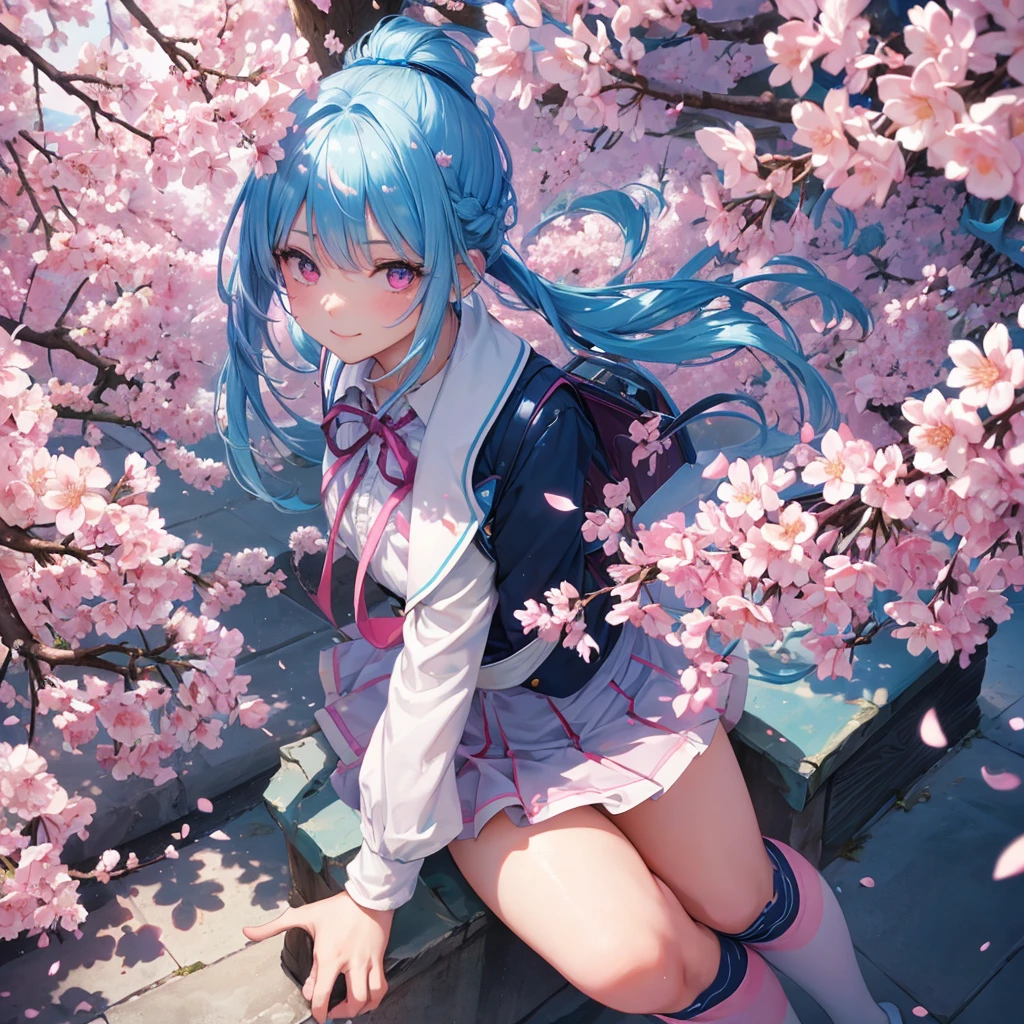 Sky blue hair, (Braided Ponytail),(Pink Eyes),Fair skin ,whole body,(1 Girl),Smile,spring, cherry blossoms, Knee-high socks for school,, blazer, Straight bangs,(masterpiece, Highest quality, Super detailed, Best Shadow), (Detailed Background), (Beautifully detailed face), High Contrast, (Best lighting, Very delicate and beautiful), ((Cinematic Light)), colorful, Hyper Detail, Dramatic Light, Intricate details,,sunshine,Leaning forward,