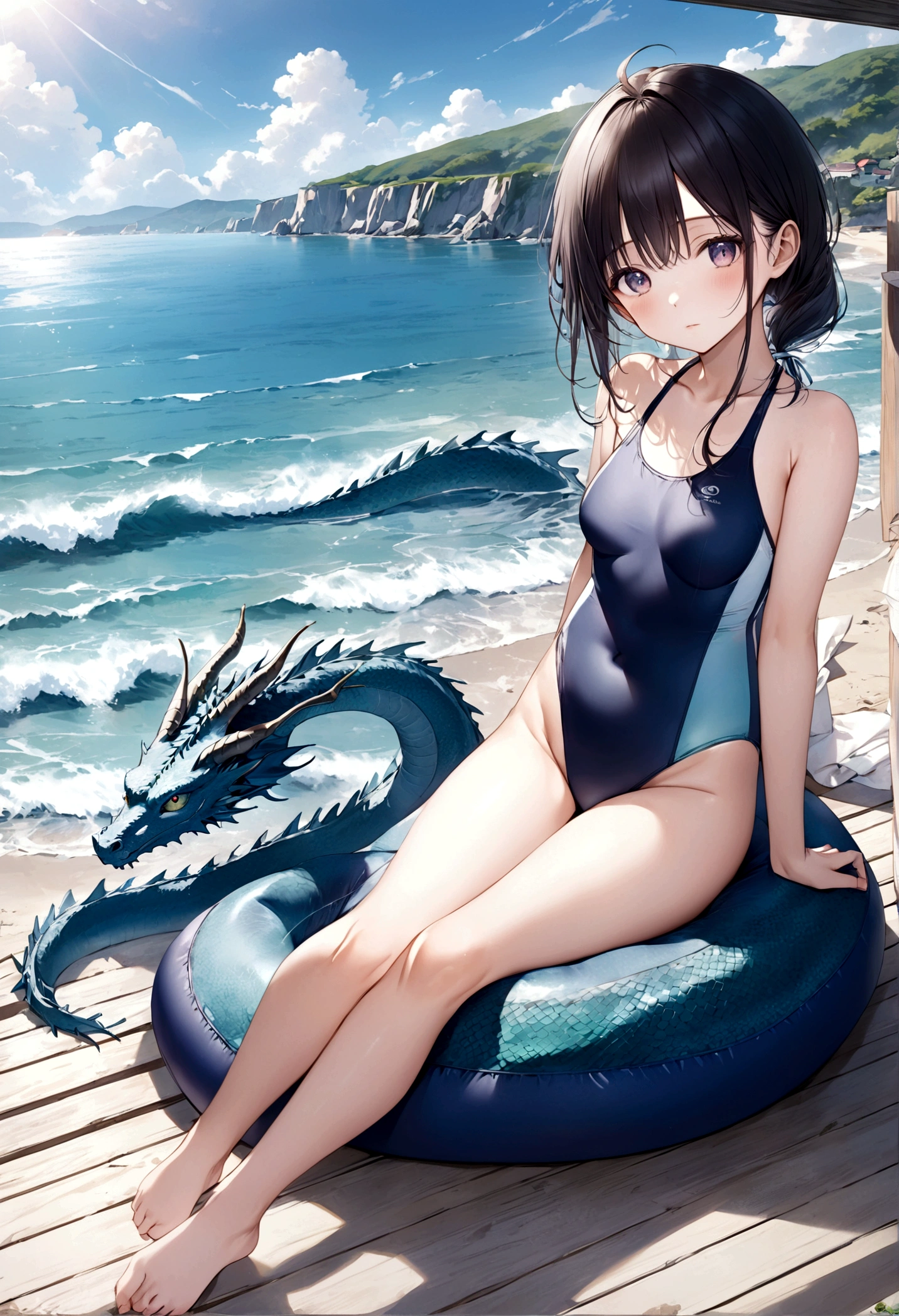 Highest quality、Live Action、Transcendent Real、が美しいペットのミニDragonと遊んでいます、This girl is Japanese、Relaxing in a swimsuit.、More realistic、Highest quality、8K、Dragon'His eyes are shining、The background is the seaside、The modern era、Please draw the whole body