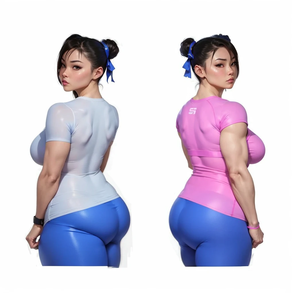 SF6 Chun-Li pose with both hand on hips booty at camera flaunting wearing Royal Blue shirt and thin grey Leggings thats the a exact same material as nitrile butadiene rubber gloves Thighs Buttocks Streetfighter Buruma Gravure shirt Japanese gym shoes pantyline