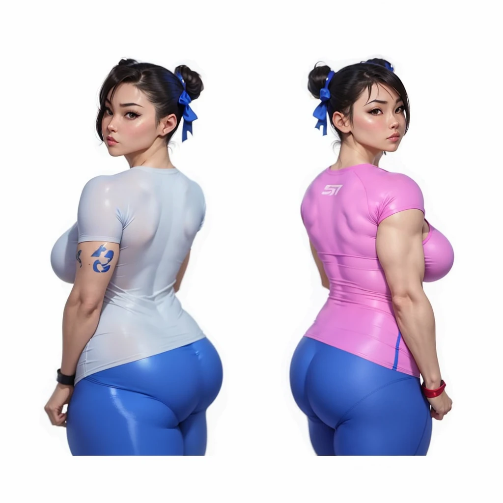 SF6 Chun-Li pose with both hand on hips booty at camera flaunting wearing Royal Blue shirt and thin grey Leggings thats the a exact same material as nitrile butadiene rubber gloves Thighs Buttocks Streetfighter Buruma Gravure shirt Japanese gym shoes pantyline