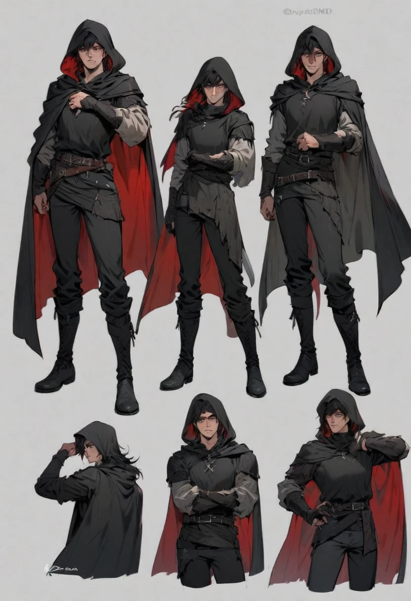 young man ,Male Dark, Red & Black colors, gray eye, rogue dnd, wear cape, hood, have scar