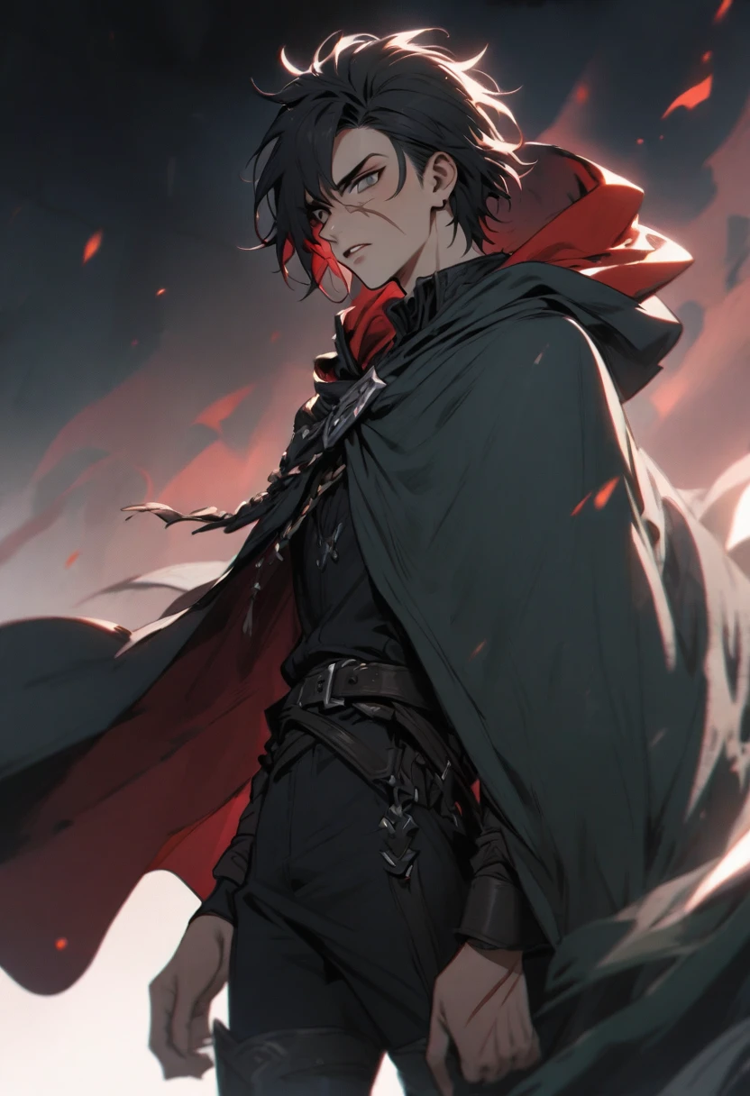 young man ,Male Dark, Red & Black colors, gray eye, rogue dnd, wear cape, hood, have scar