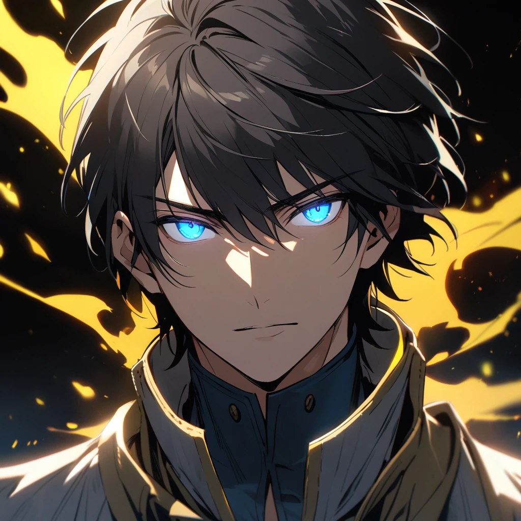 male, solo, handsome, black hair, short hair, blue eyes, glowing eyes, yellow aura, holo