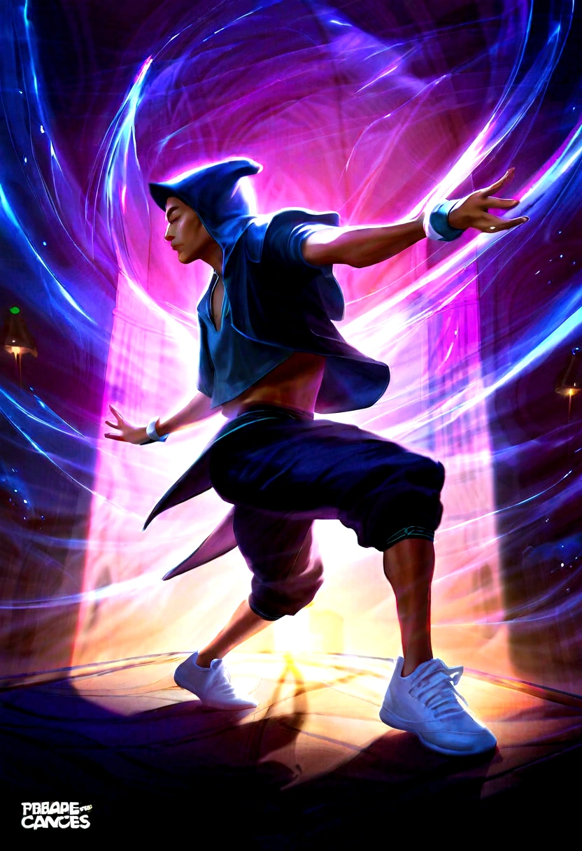 breakdance scene, fisheye lens, RossDraws style, 8K Ultra HD, emotion, breakdance dancer, black hooded coat, ripped knee-length pants, distressed sneakers, vibrant color palette, dramatic shadows, blur effect, Paris, Arc de Triomphe, sunset-lit sky, enchanting, magical, dramatic lighting, photorealistic realism, effervescent moment, urban movement, culture, skill, aesthetics, vibrant soul