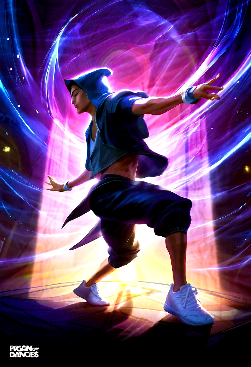 breakdance scene, fisheye lens, RossDraws style, 8K Ultra HD, emotion, breakdance dancer, black hooded coat, ripped knee-length pants, distressed sneakers, vibrant color palette, dramatic shadows, blur effect, Paris, Arc de Triomphe, sunset-lit sky, enchanting, magical, dramatic lighting, photorealistic realism, effervescent moment, urban movement, culture, skill, aesthetics, vibrant soul