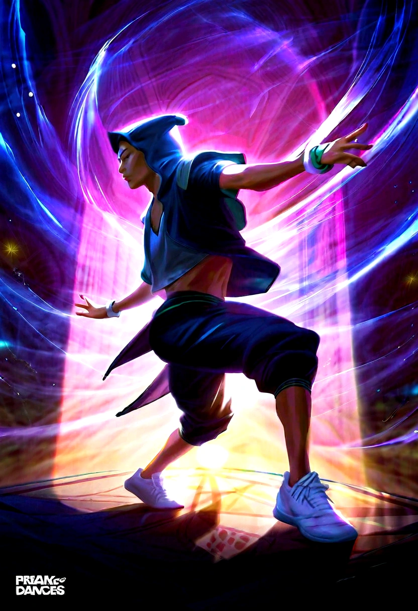 breakdance scene, fisheye lens, RossDraws style, 8K Ultra HD, emotion, breakdance dancer, black hooded coat, ripped knee-length pants, distressed sneakers, vibrant color palette, dramatic shadows, blur effect, Paris, Arc de Triomphe, sunset-lit sky, enchanting, magical, dramatic lighting, photorealistic realism, effervescent moment, urban movement, culture, skill, aesthetics, vibrant soul