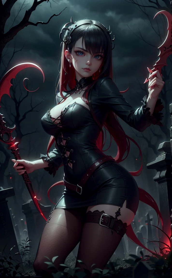 Gothic vampire girl, black gothic clothes, sexy in the cemetery, she is holding a spear, fully body, movement pose, hand on the waist