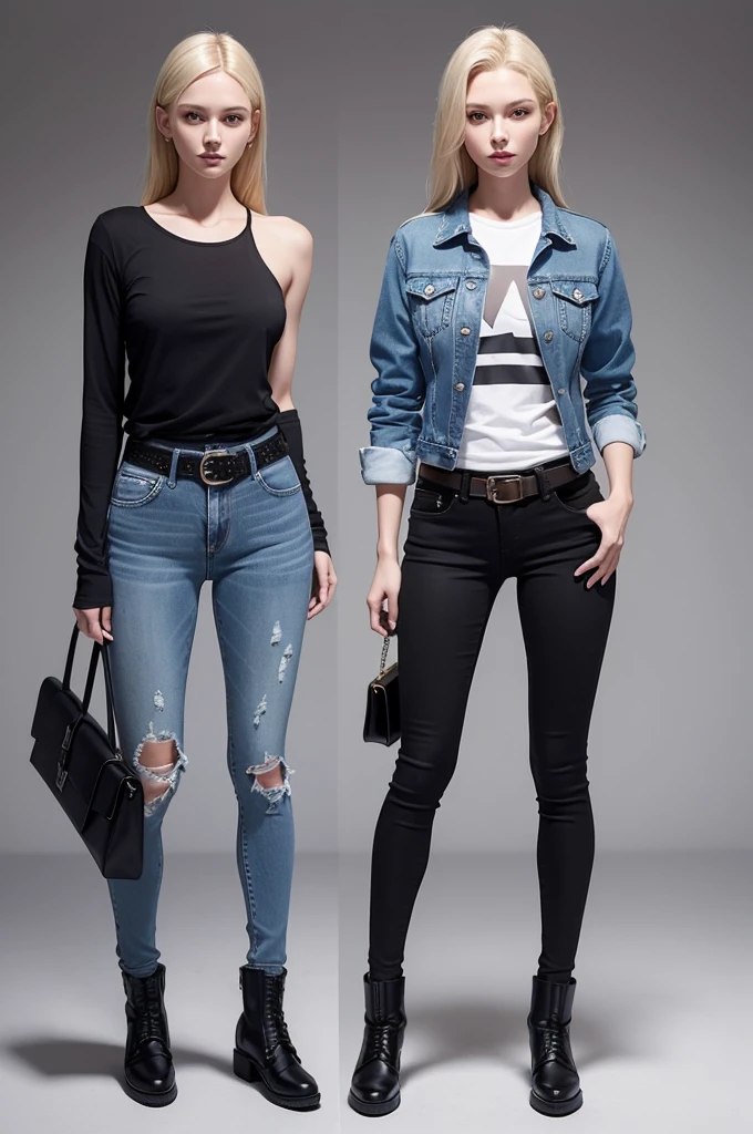 a full body woman with straight, shoulder-length blonde hair parted in the middle and piercing blue eyes. She has a slender, athletic build, stands approximately 5'5" tall, and has a slightly angular face with high cheekbones, giving her an elegant yet strong appearance. Her skin is fair. As for her clothing, she wears a fitted blue denim jacket with long, black-and-white striped sleeves, a tight black t-shirt underneath, a knee-length blue denim skirt, and black leggings that fully cover her legs. She completes her look with sturdy brown combat boots and a simple belt with a prominent buckle. Hiper realistic, full body