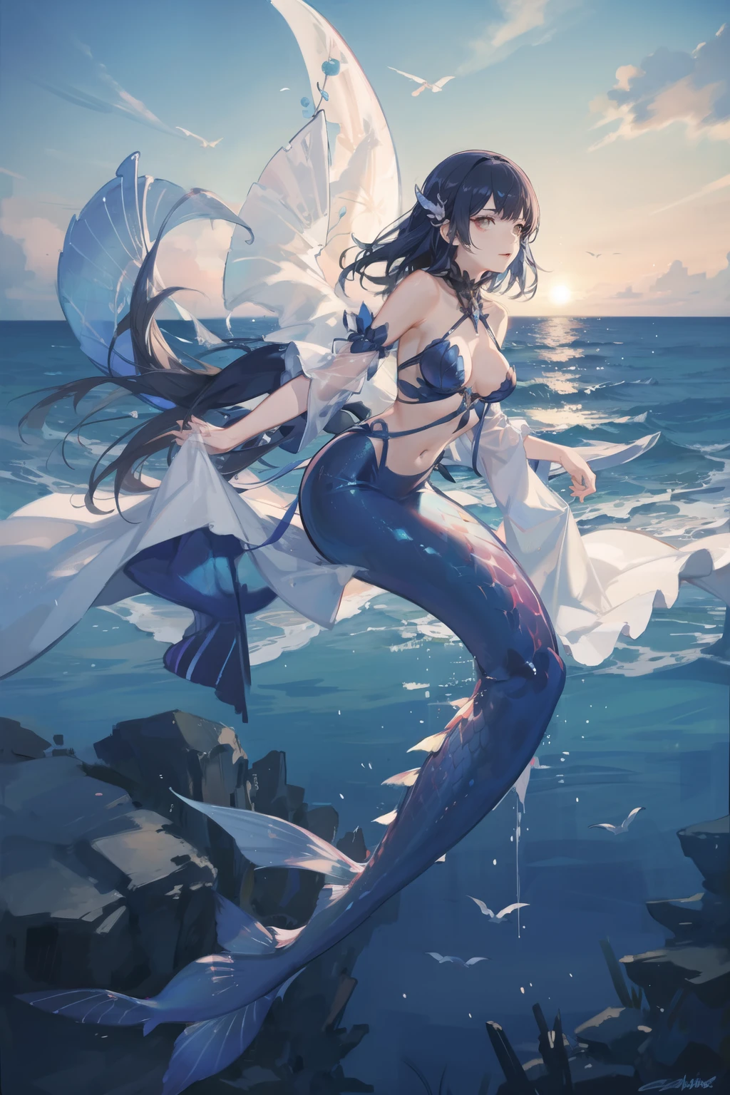(highest quality、masterpiece、High resolution)、4K Anime Art、Reality、Beautiful mermaid woman、Sit on a big scallop chair、Underwater、Fine foam、Many beautiful fish swimming in the sea、Shimmering Scales、Vivid Coral、Seaweed、Remains of a sunken ship、