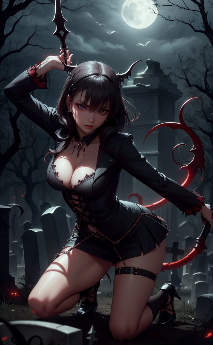 Gothic vampire girl, black gothic clothes, sexy in the cemetery, she is holding a spear, fully body, movement pose