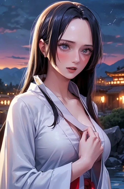 best quality, masterpiece, highres,, 1girl, Detailed face, (Upper body:1.6), Cyber cities, mountains and rivers, night, firefly lights, Realistic, rich in detail, (White hanfu:1.2), (beautiful body:1.4),