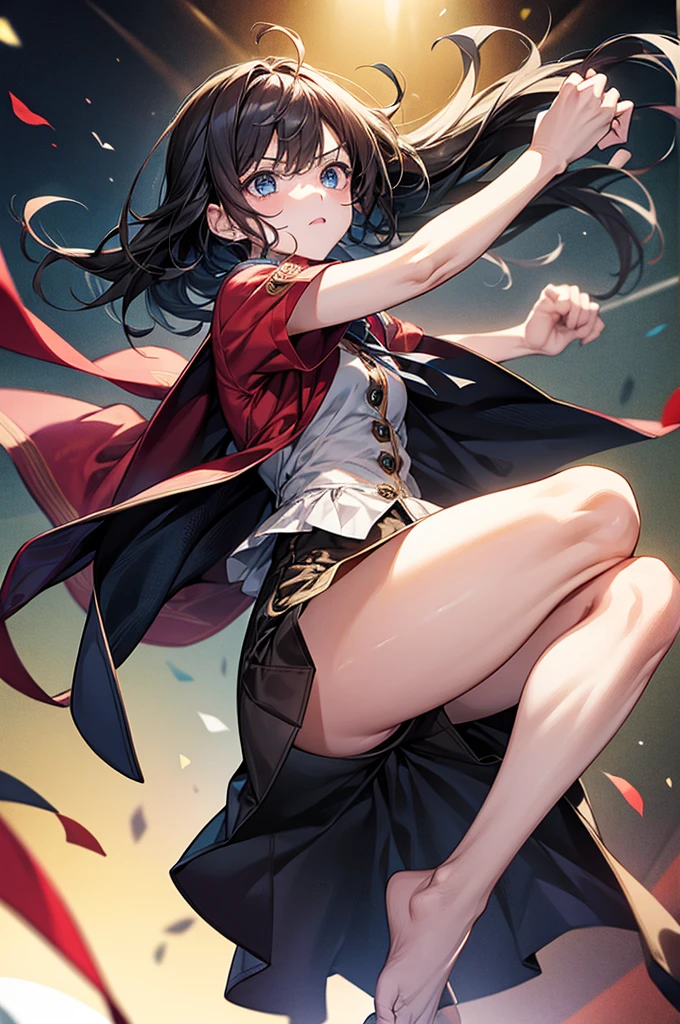Girl fighting with bare hands、Knee kick、Shins exposed、Fighting expression、Place your hands in front of your face