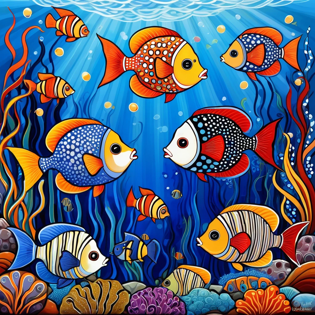 Tropical fish, puffer fish, angel fish,emperor fish, clown fish, porcupine fish, harlequin fish, trigger fish, whales, stylized folk art style, Karla Gerard . warm and cold colors skillfully dosed to recreate an evocative atmosphere. Seascape background, surreal aquarium.