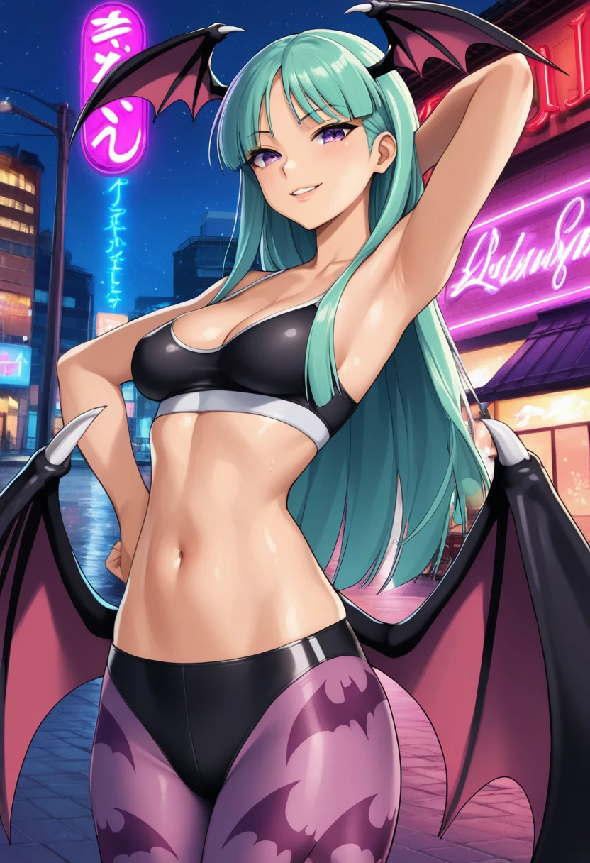 score_9, score_6_up, source_anime, rooftops, night city, neon lights, slim body, Slender legs, slim hourglass figure body type, average breasts size, ((purple_multicolor_hair)), purple_eyes, Morrigan_Aensland, black sports bra, black yoga pants, seductive smile, looking at viewer