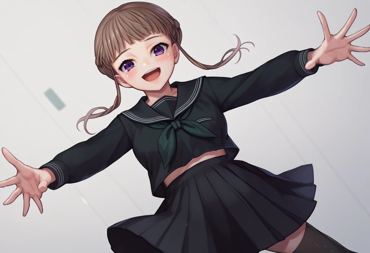 score_9, score_8_up, score_7_up, source_anime,  1girl, Manaka Nemu, braided hair, brown hair, violet eyes, black serafuku, green necktie, black thighhighs, black skirt, white stripes, outstretched arms, reaching towards viewer, smile, innocent, sweet smile, blush, open mouth, heartwarming, sad