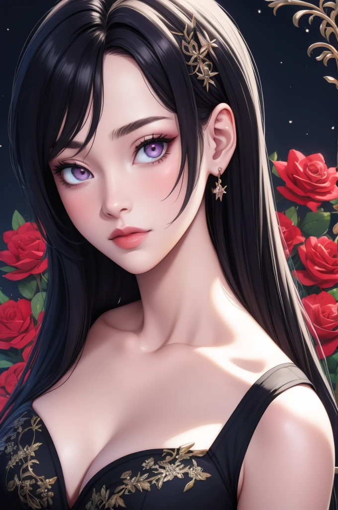 full HD foto realismo Exquisite and charming anime style illustration, Elza frozen fusão com Naruto dark Power fire in the rose flower bed, a beautiful girl with withe black dark devil hair, mel eyes, half body, hiding in the flowers dark black , colorful and dazzling black . Intricate details, rendering and painting techniques come together to create a mesmerizing scene that evokes elegance and otherworldly elegance.