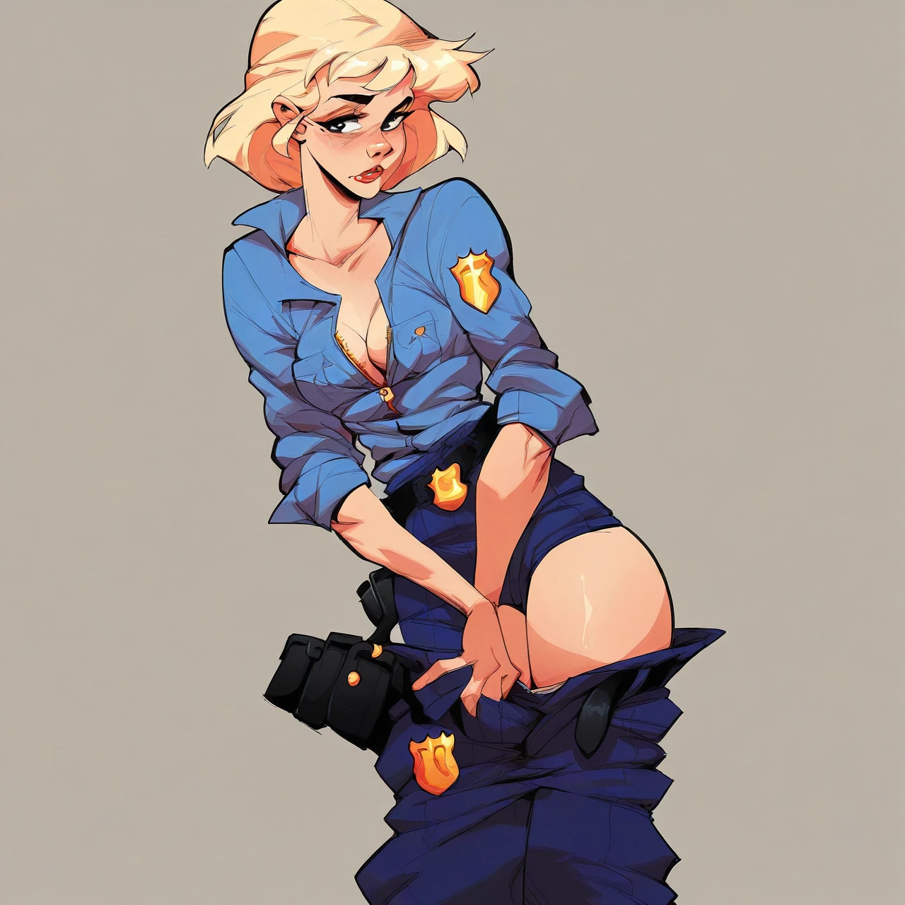 score_9, score_8_up, score_7_up, score_6_up, score_5_up, score_4_up, mirandawright, short hair, blonde hair, police uniform, solo, unzipped pants, belt undone, pants undone, underwear showing, pants down at ankles